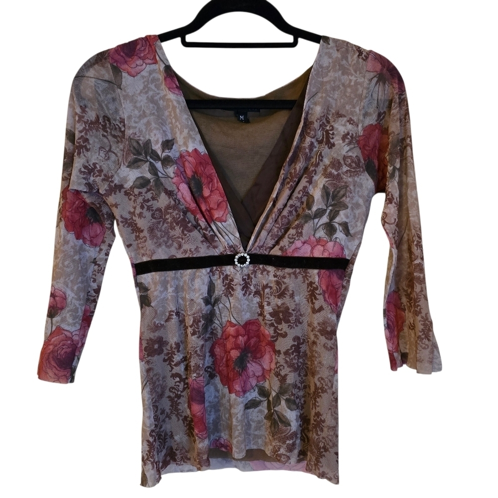 Weston Wear Floral Mesh Top V-Neck Sheer Overlay M - Picture 2 of 11